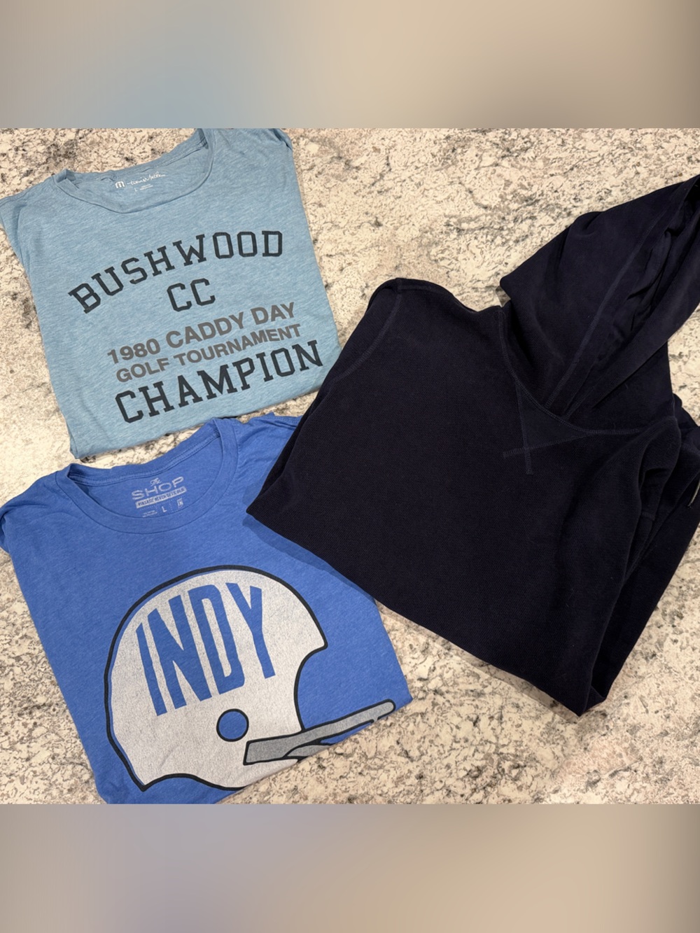 L Comfies- Travis Matthew T, Colts T “The shop”, Navy Eddie Bauer lounge hoodie